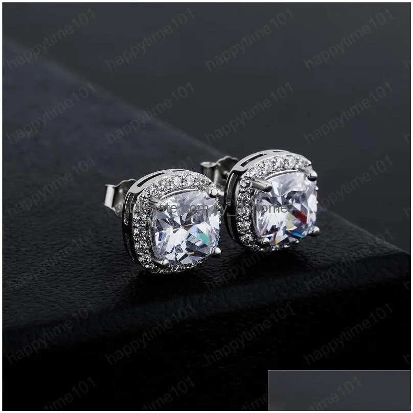 fashion women mens earrings gold silver colors square cz studs earrings iced out bling cz rock punk round wedding gift