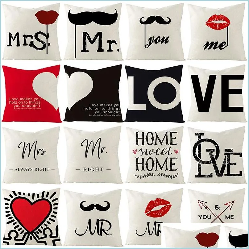 letter pillow case flax letter mr mrs love heart pillows cover printing cushion covers home fashion 4 5jz uu