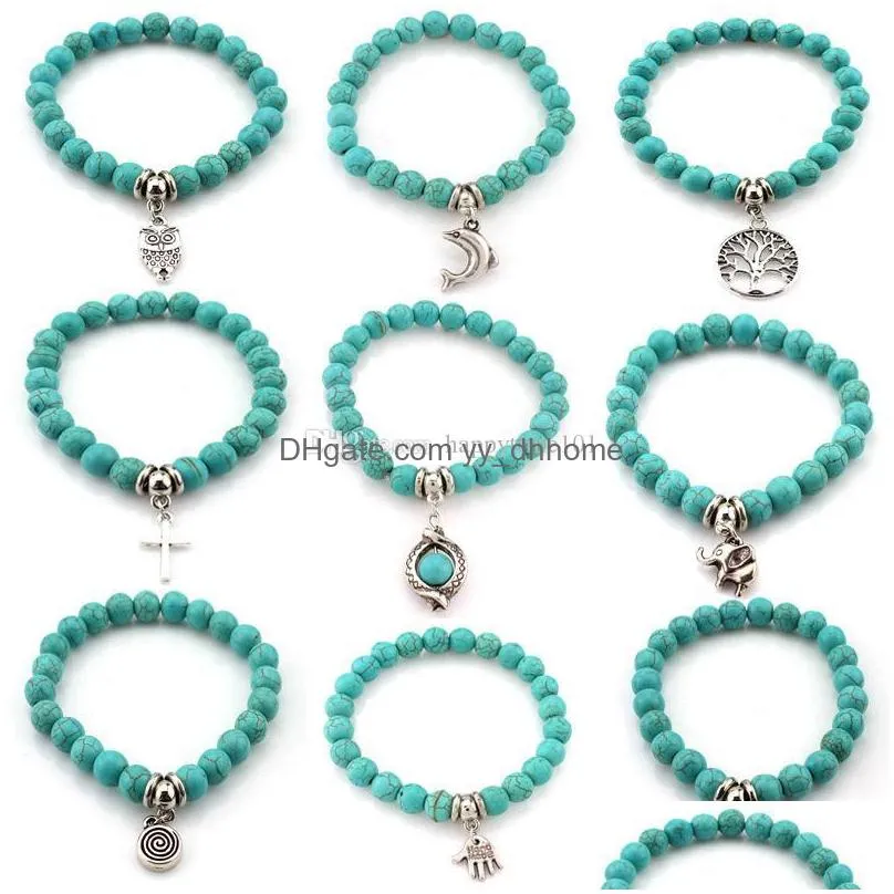 natural stone turquoise beads bracelets owl elephant tree of life cross palm charm buddha bracelet bangle cuffs for women