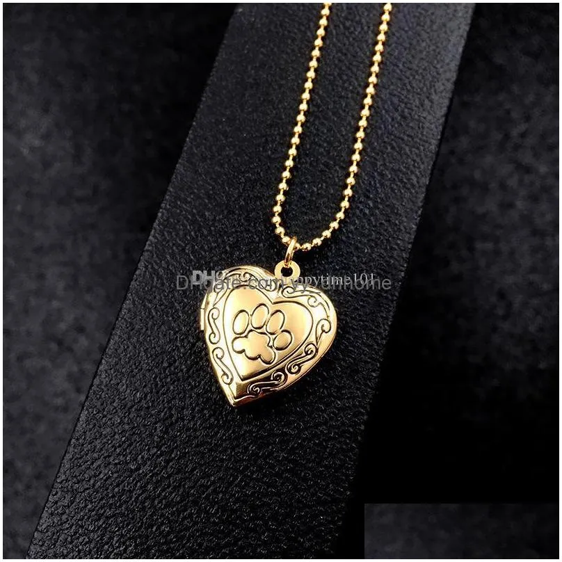 p o frame memory locket pendant necklace silver/gold color romantic love heart cute paw prints jewelry women gift