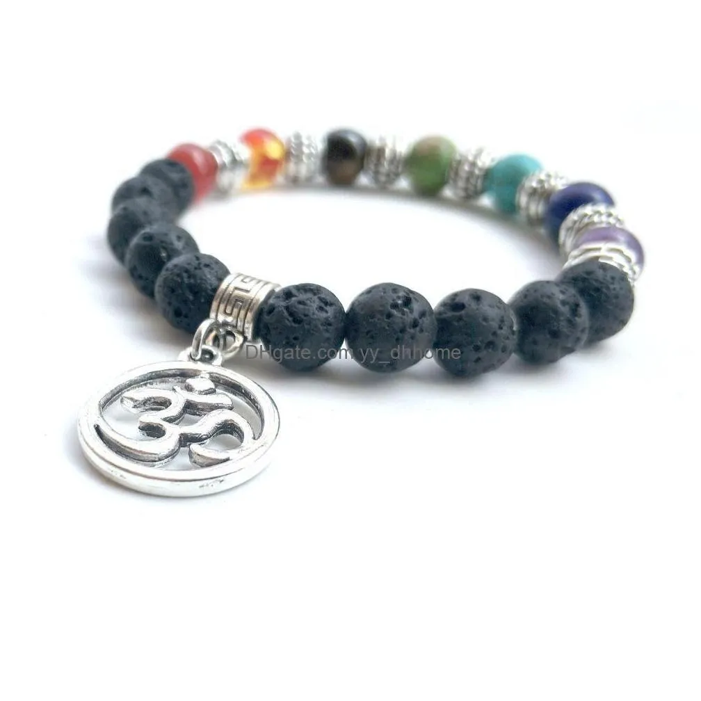 seven chakras lava rock beaded bracelets fashion natural black agate stone charm jewelry tree of life om pendant punk cuffs bangles