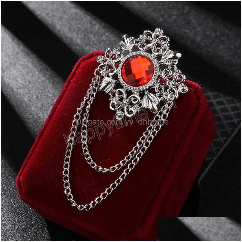 retro gem brooch mens suit pin vintage rhinestone cross tassel lapel pins with chain luxury jewelry accessories