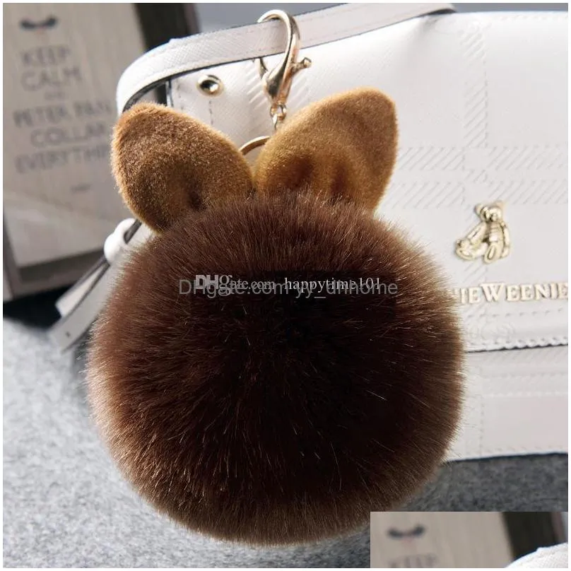 fluffy bunny toys ear keychain rabbit key chain fur woman bag charms keyring pom pom car pendant key ring holder jewelry