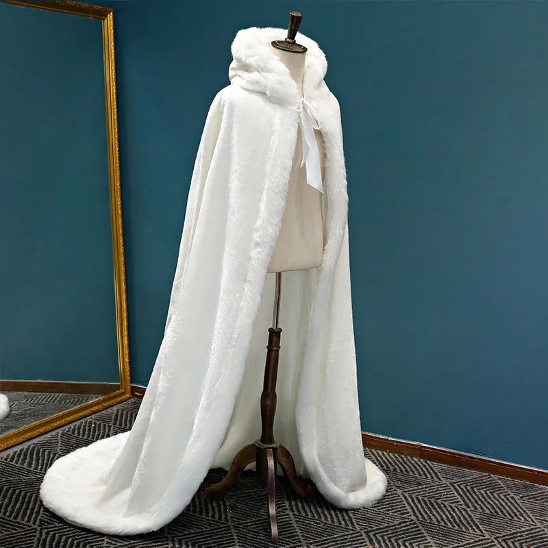 Winter Long Warm Wedding Capes Jackets White Faux Women Cloak Floor Length Bride Shawl Fur Cape Coat Adult Bridal Wrap CL1560