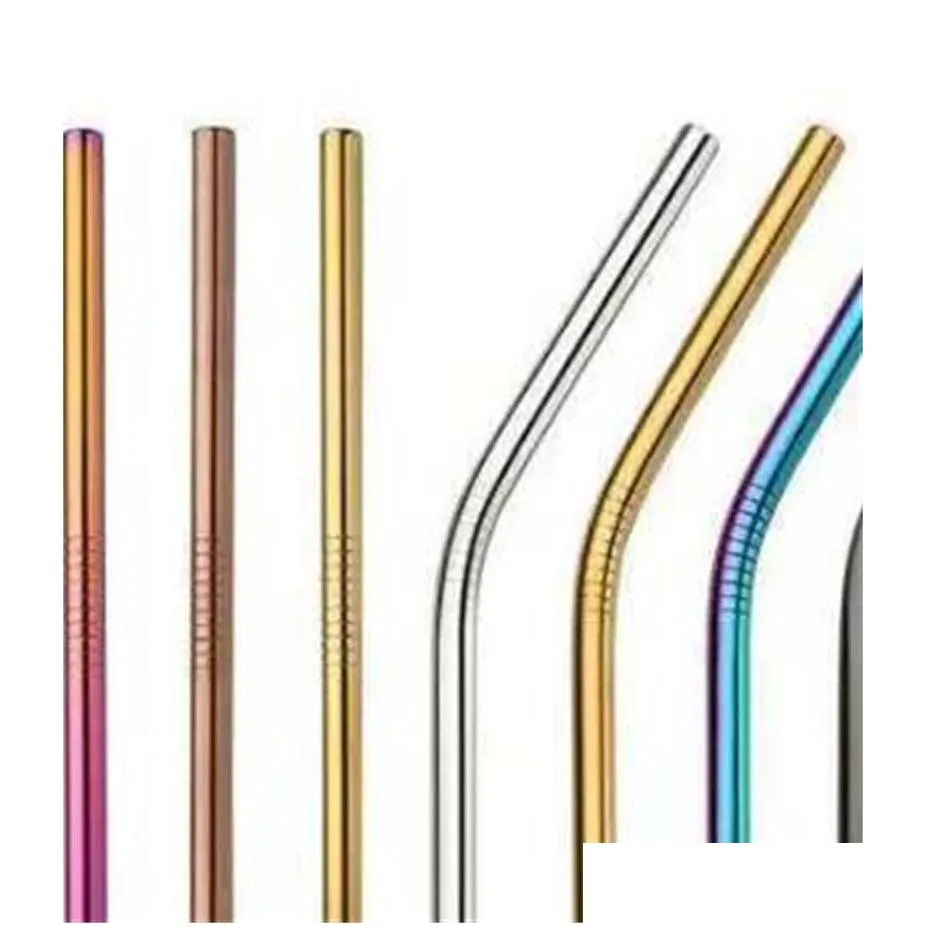 high quality 304 gold stainless steel straw reusable drinking straw metal bent straight straw cleaner brush 149 v2