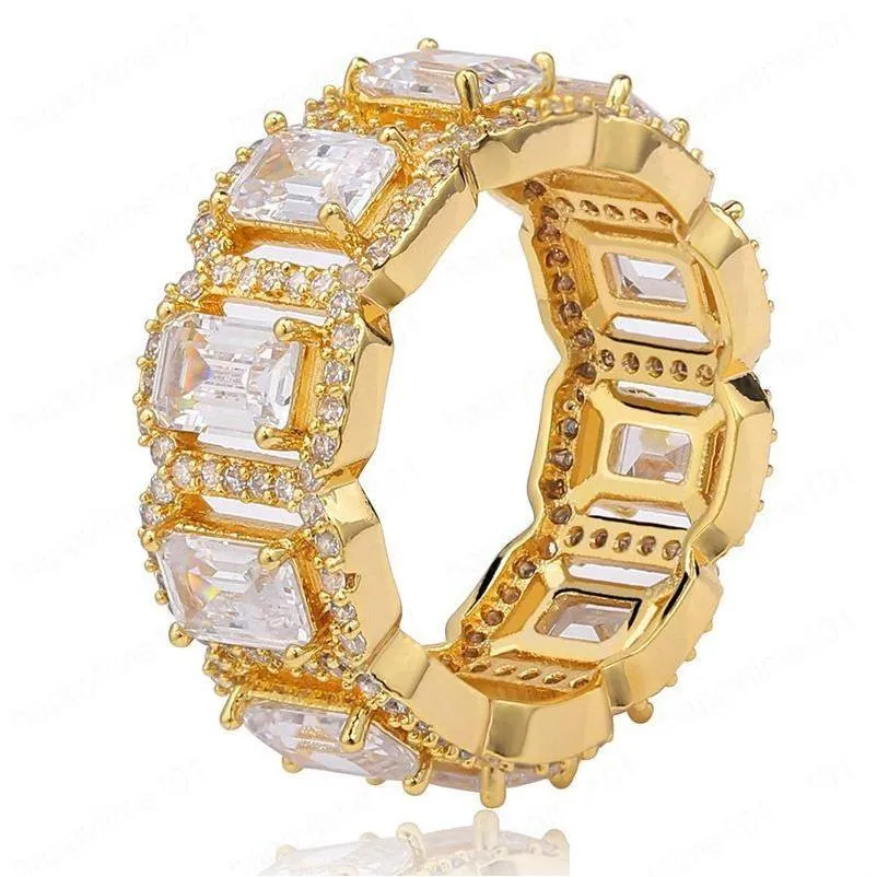 18k gold white full cubic zirconia cluster tennis iced out rings baguetee bling diamond hip hop jewelry gifts for men women