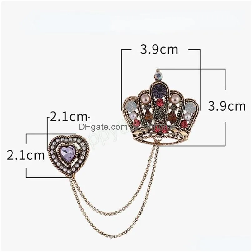 retro pearl rhinestone crown brooch fashion heartshaped tassel chain lapel pins and brooches for women jewelry accessories