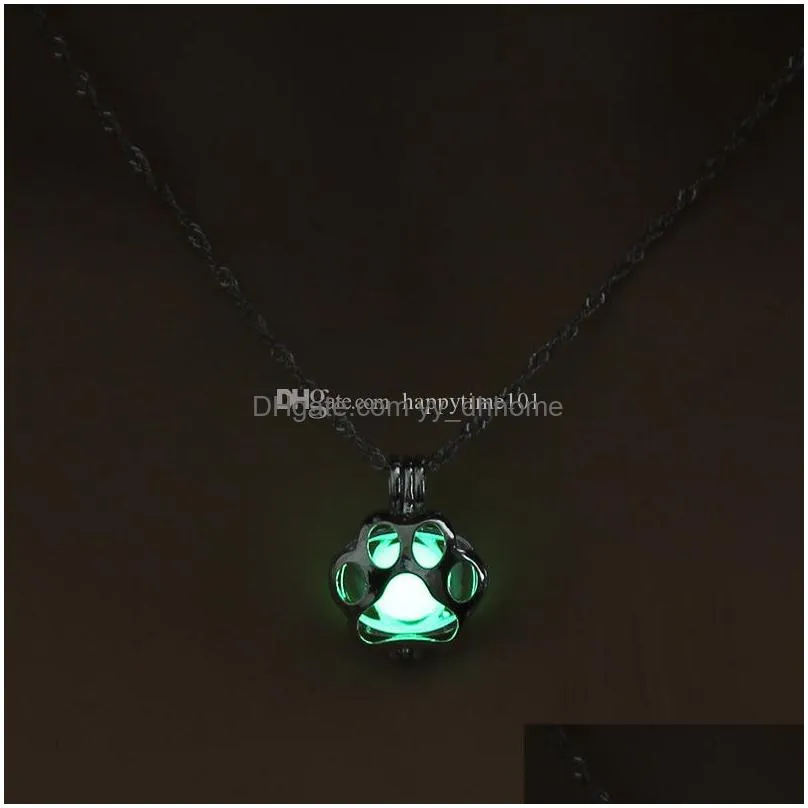 glow in the dark necklace silver pearl cage pendant necklaces for woman animal dog paw hollow pendant night luminous necklaces