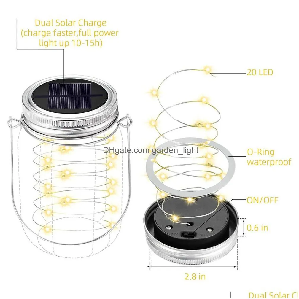 solar power mason jar lid string lights 10 20 leds waterproof fairy firefly light for outdoor patio garden xmas wedding party