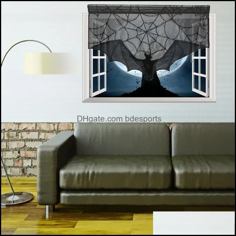 halloween decorative bats curtains black lace spider web holiday stove towel lampshade fireplace cloth decor for spooky festival 1981