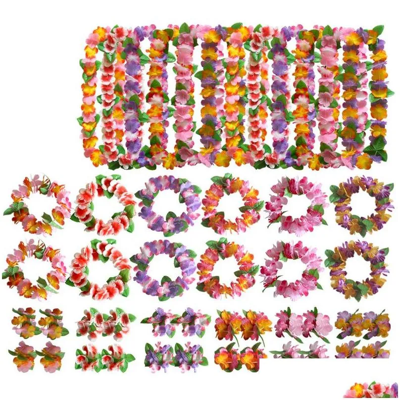 hawaiian artificial flowers garland necklaces flower diy fancy dress accessories headband bracelet 4pcs/set party decoration 2334 t2