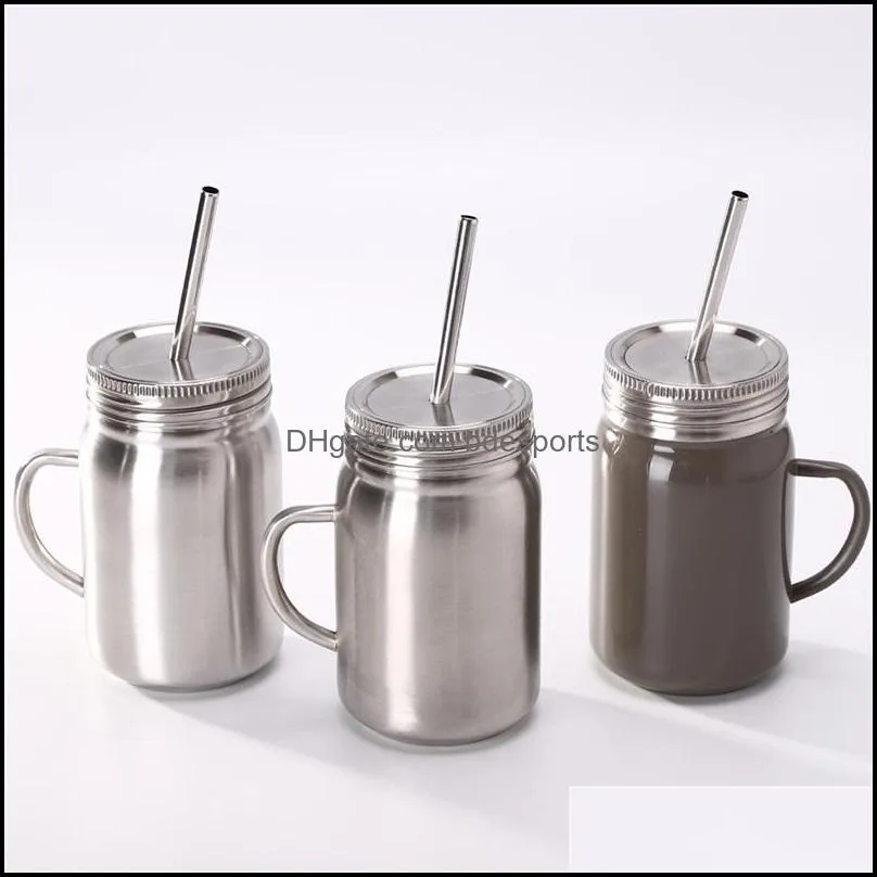 mason jar cups stainless steel mugs portable outdoor single wall with straw and lid 700ml 16gy f1