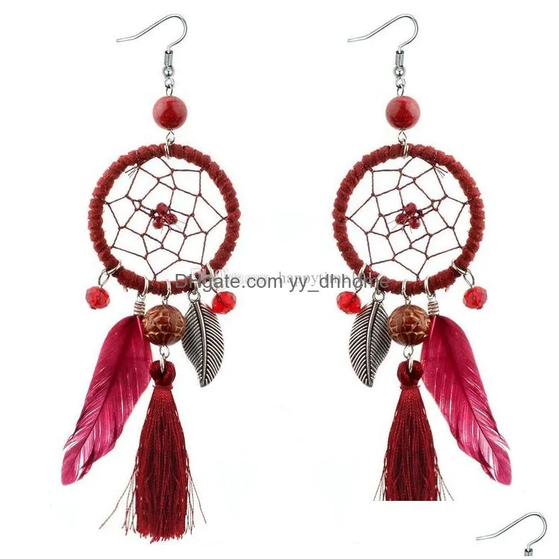 long bohemian ethnic wind manual ear jewelry dreamcatcher feather earrings 9 styles drops tassel earrings for women fashion gift
