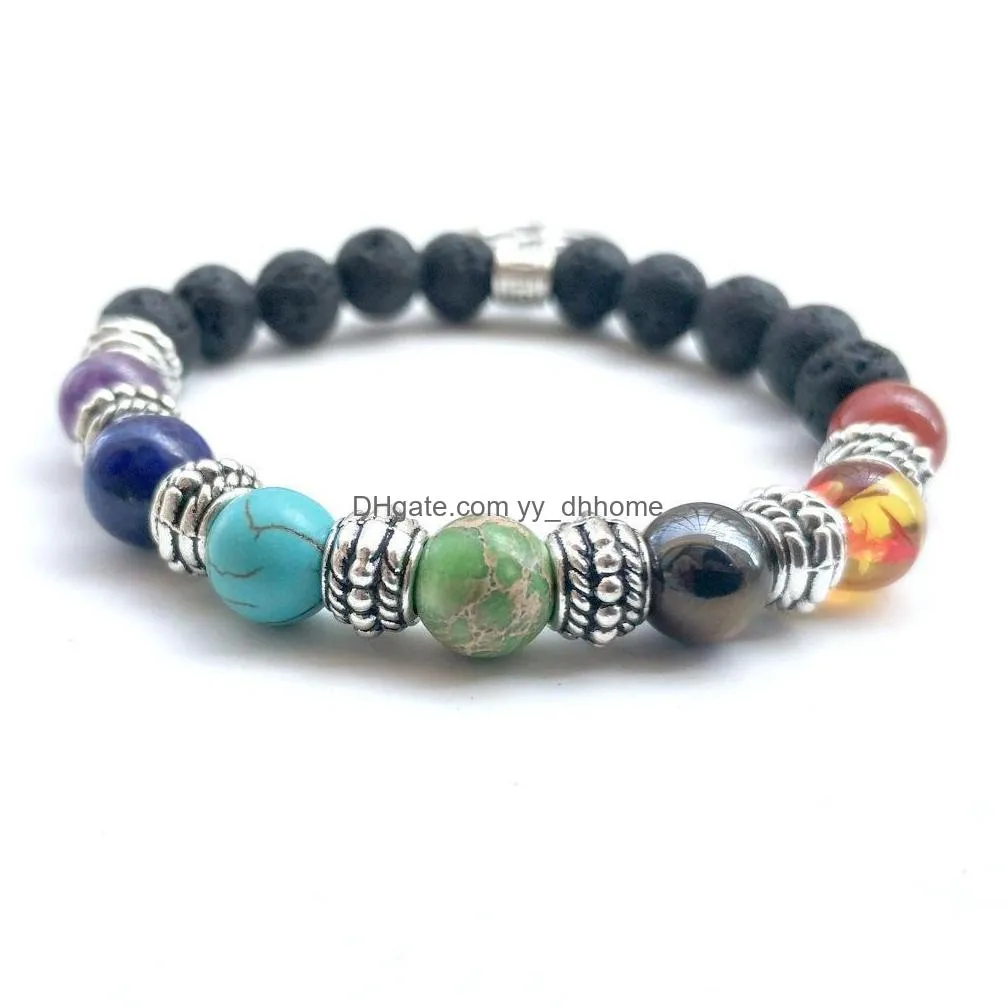 seven chakras lava rock beaded bracelets fashion natural black agate stone charm jewelry tree of life om pendant punk cuffs bangles