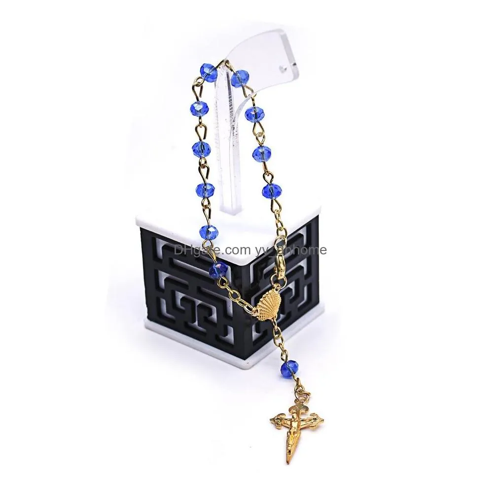 metal gold cross shell crystal beads rosary bracelet for men women religious jewelry