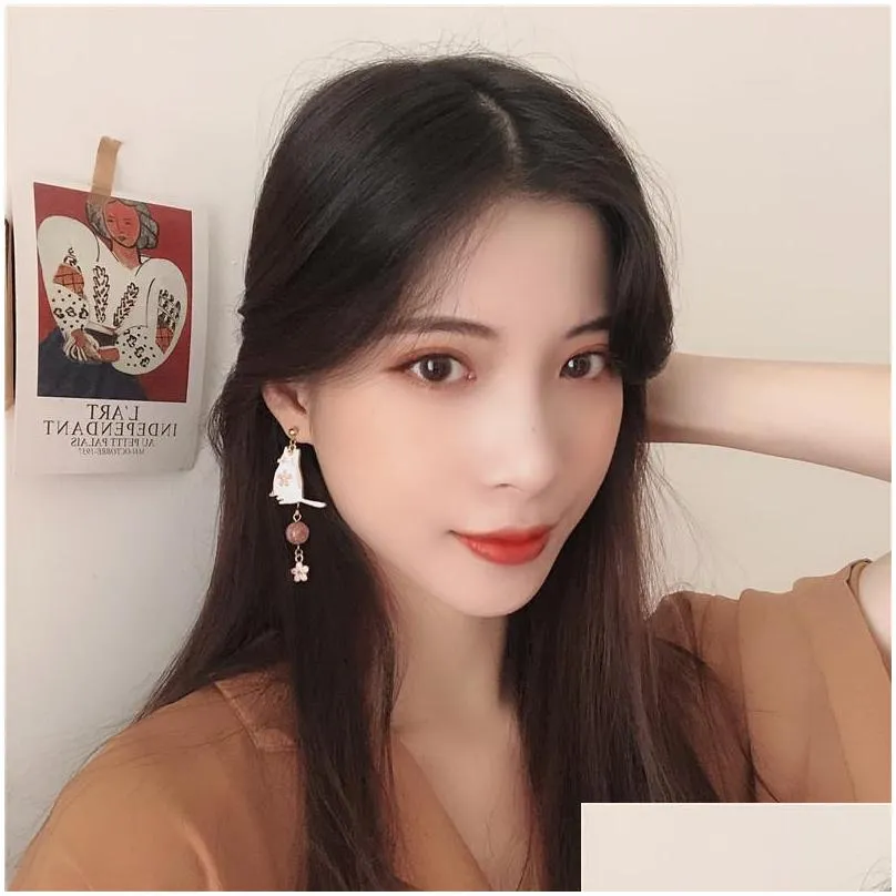 korean style flower cute animal dangle earrings for women moon stars kitten rabbit balloon asymmetric earring party jewelry gift 5593