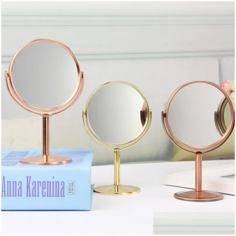 plated gold rose 3 inch round small desktop cosmetic mirror beauty jewelry double sided metal 828 d3
