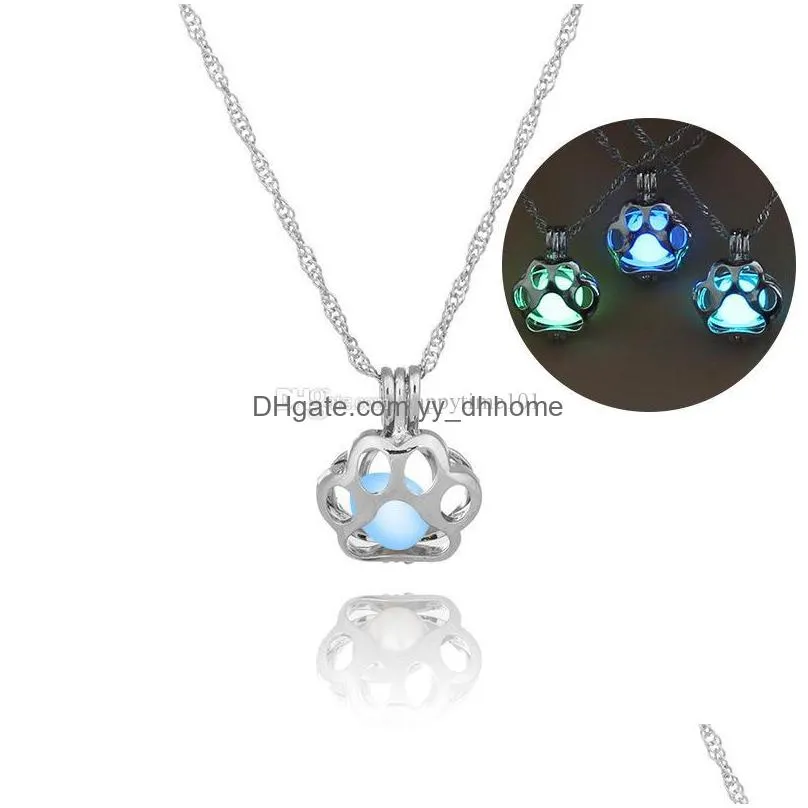 glow in the dark necklace silver pearl cage pendant necklaces for woman animal dog paw hollow pendant night luminous necklaces