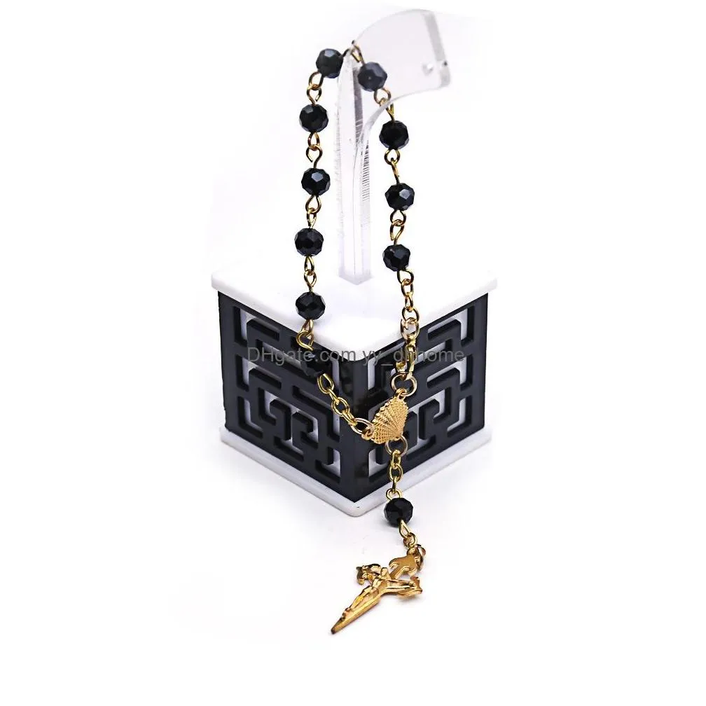 metal gold cross shell crystal beads rosary bracelet for men women religious jewelry