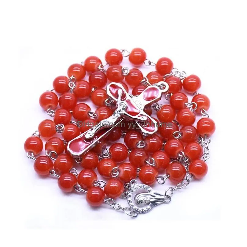 red rosary necklace long enamel cross pendant necklace catholic pray jewelry