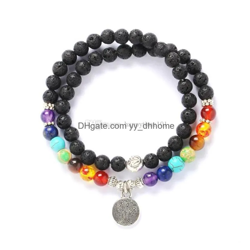 7 chakras 6mm black lava stone diy aromatherapy essential oil diffuser bracelet tree of life charms elastic bracelets jewelry men