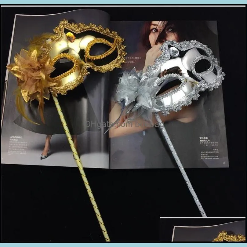 woman mask on stick sexy eyeline venetian masquerade party mask sequin lace edge lateral flower gold silver color 3 5gn dd