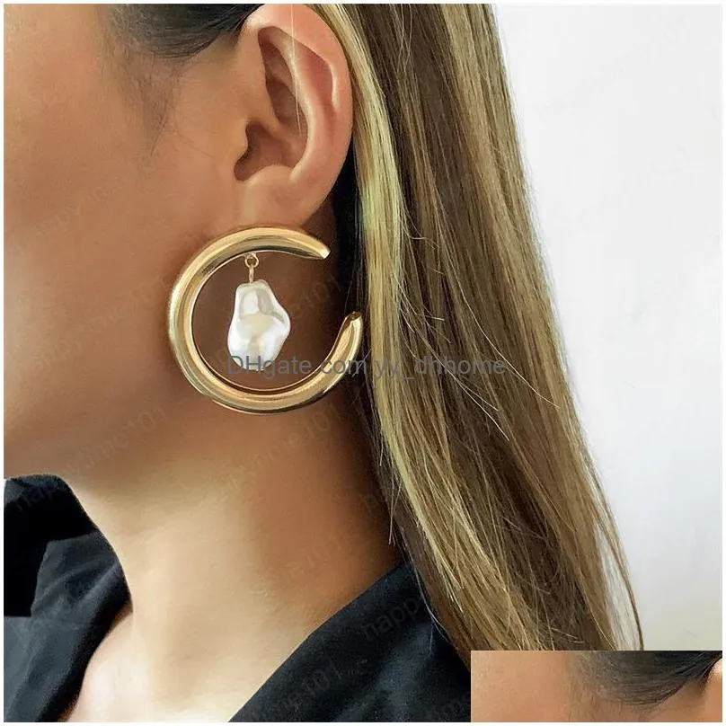 imitation pearl cshaped earrings studs women geometric hollow out copper earring european business party ear wear jewelry accessories gold white