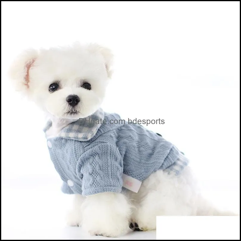 dog apparel fake two pcs plaid design warm sweaters for dogs autumn and winter dogs clothes with buttom pet outfit clothing pink blue 20220827