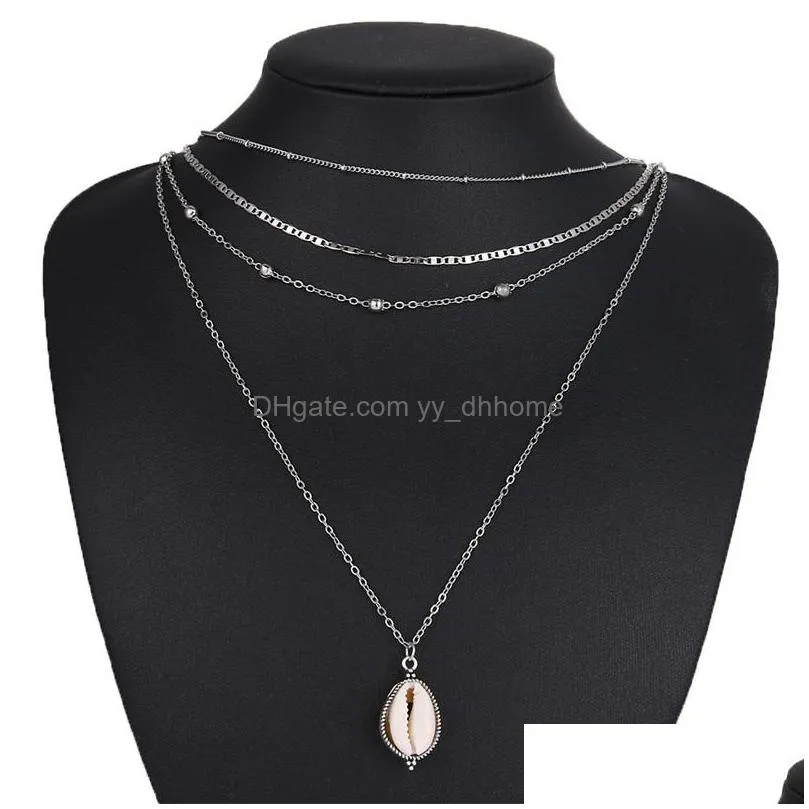 boho shell pendant necklace for women multilayer long chain round charm statement choker beads necklace wedding jewelry