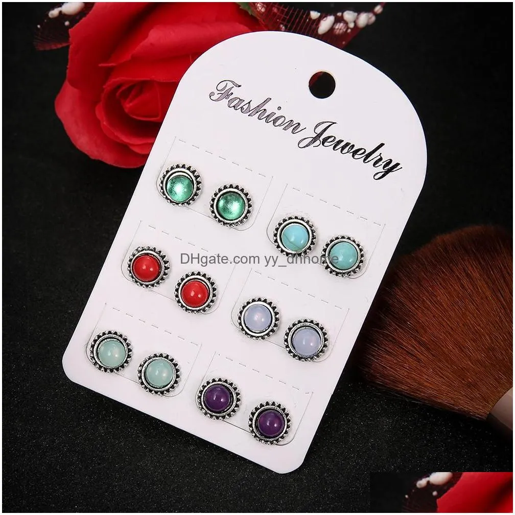 12 pcs/set bohemian fashion retro gems geometric round earrings set women charm jewelry accessories christmas gifts