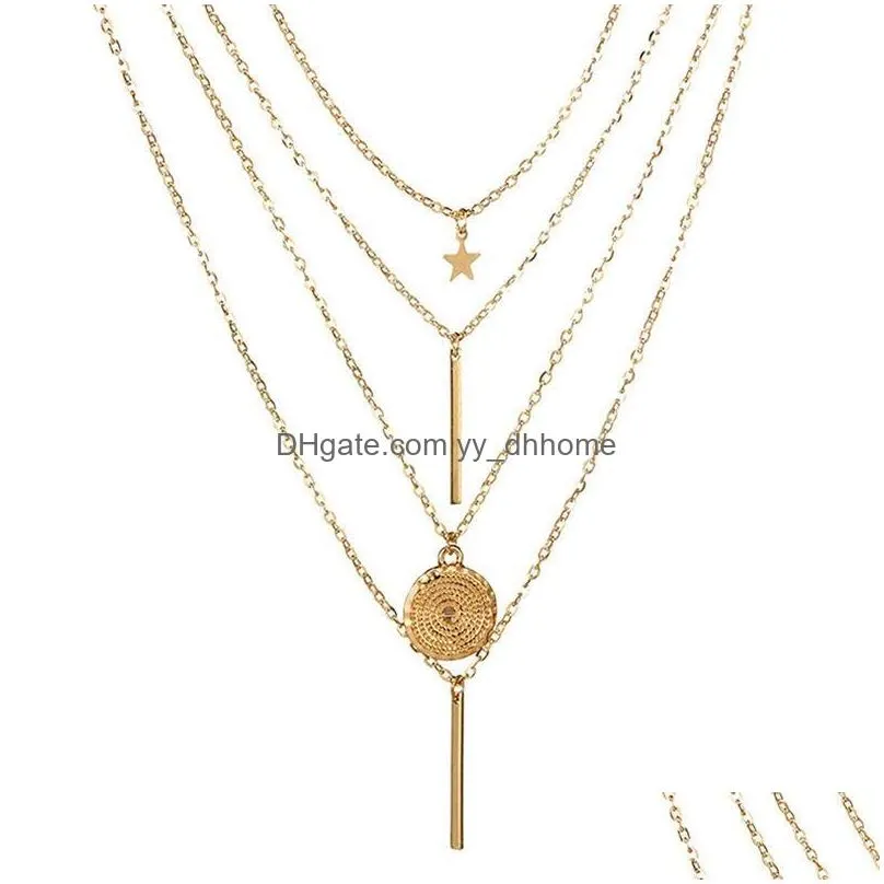 bohemia round pentagram layered necklace gold chain alloy chokers necklace for women statement necklace collar femme