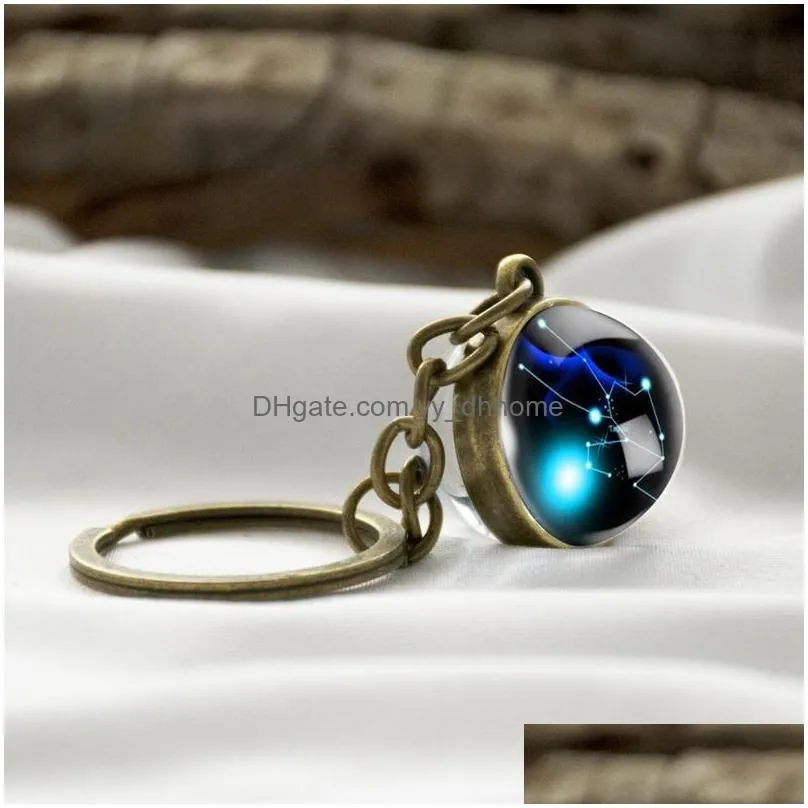 12 zodiac sign glass ball keychain pendant women men fashion constellation jewelry key chains key ring holder christmas gifts