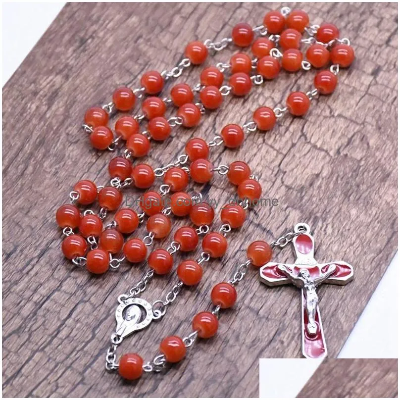 red rosary necklace long enamel cross pendant necklace catholic pray jewelry