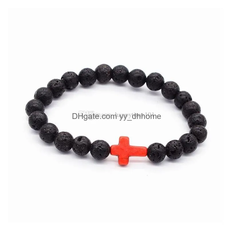 fashion natural black lava stone chakra bracelets turquoise cross charm beads bracelet for men women jewelry