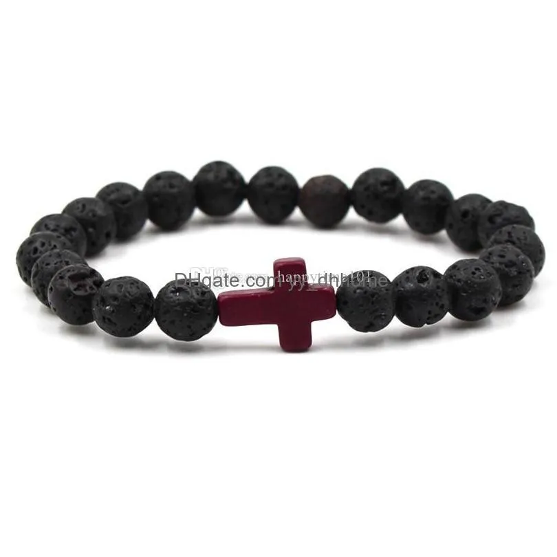  8mm lava rock beaded bracelets fashion natural stone charm jewelry punk 8 colors turquoise cross bangles stone cuffs bracelet