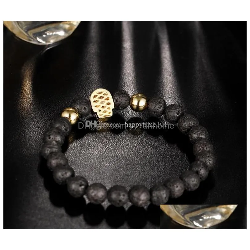  fashion 8mm lava stone red eyes diamond skull bracelet reiki healing balancing round beads bracelet unisex gothic bracelet