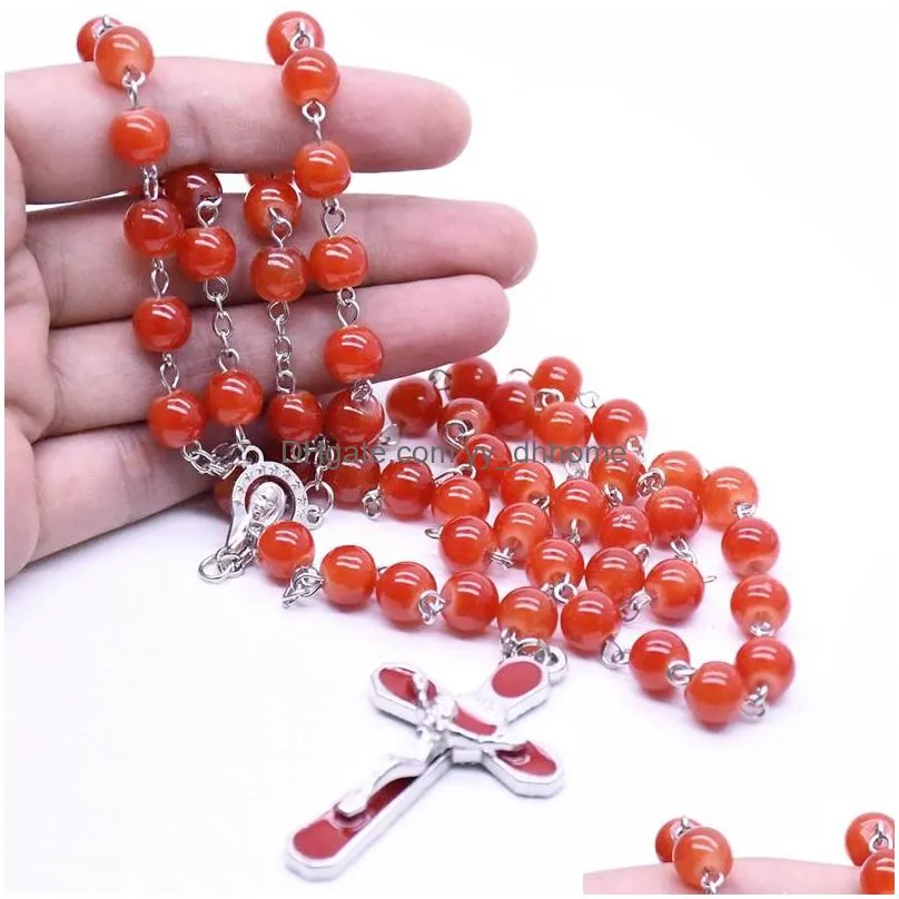 red rosary necklace long enamel cross pendant necklace catholic pray jewelry