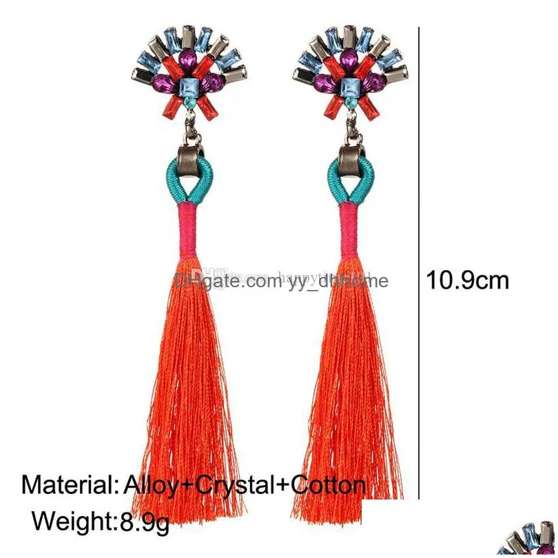  women wedding long earrings boho jewelry girls rero cotton fringe tassel dangle drop earring with crystal