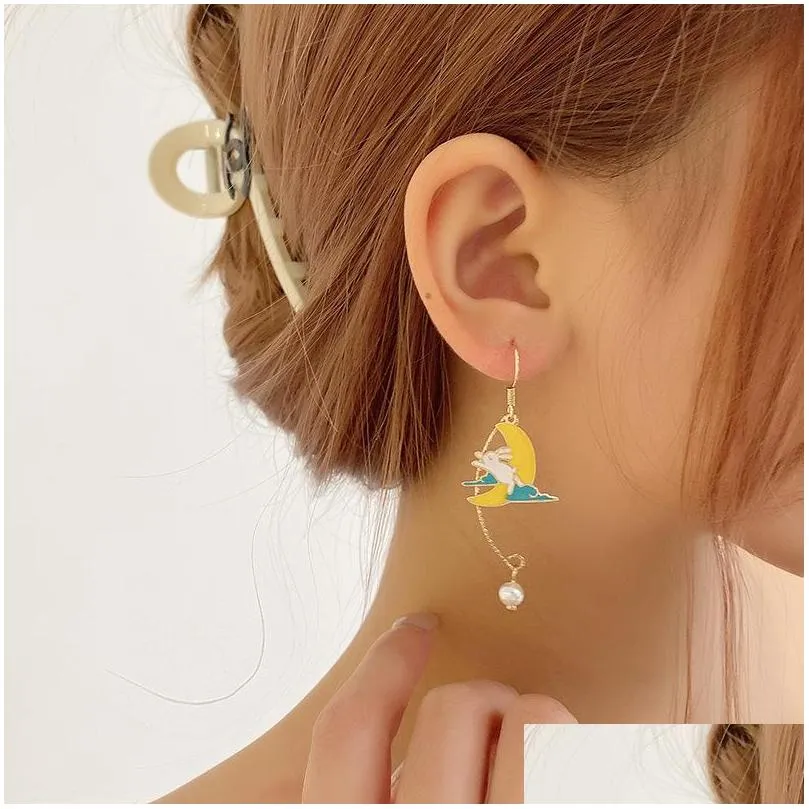 korean style flower cute animal dangle earrings for women moon stars kitten rabbit balloon asymmetric earring party jewelry gift