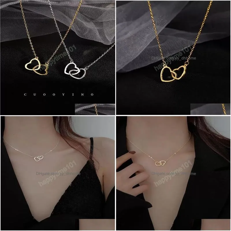 stainless steel double heart necklace love hearts shape buckle ring pendant clavicle chain fashion charm small gift