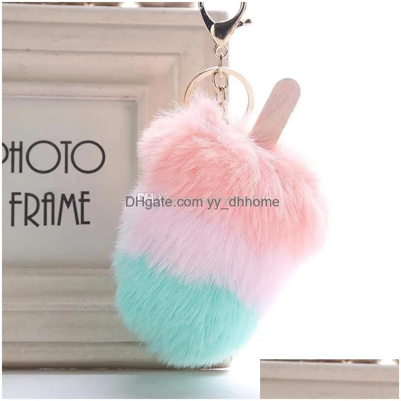  arrival cute soft ice cream fur stylish keychain pompom keyring for womens bag cellphone car pendant ornaments
