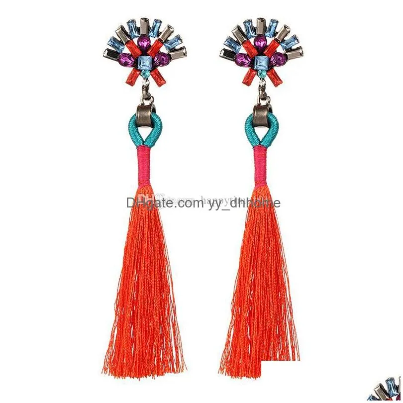  women wedding long earrings boho jewelry girls rero cotton fringe tassel dangle drop earring with crystal