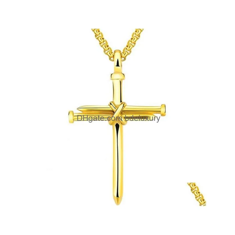mens jewelry stainless steel nail and rope cross pendant necklace