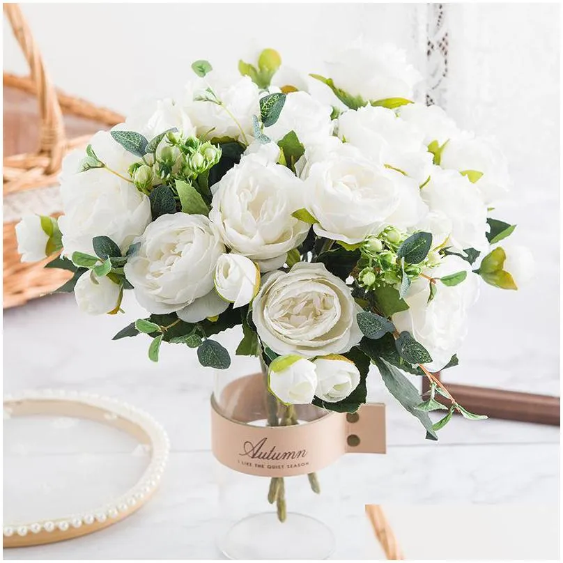 1 bouquet 9 heads artificial flowers peony tea rose autumn silk fake flowers for diy living room home garden wedding decoration 5565