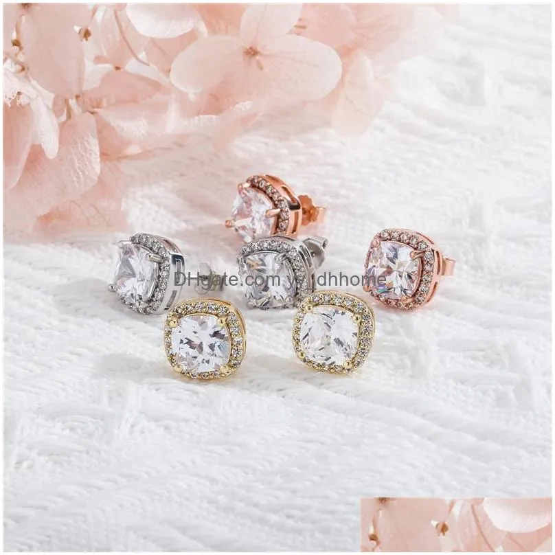 fashion women mens earrings gold silver colors square cz studs earrings iced out bling cz rock punk round wedding gift