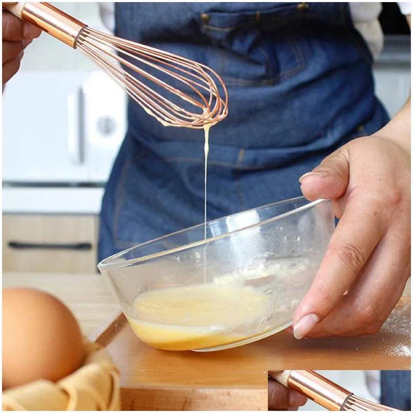 wooden handle stainless steel egg beater rose gold manual whisk kitchen household baking tools factory price expert design quality