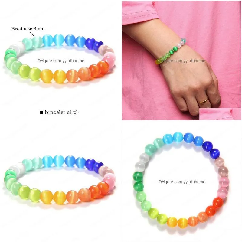 rainbow cats eye crystal glass stone beads charm reiki bracelet bangle women elastic bracelets jewelry wholesale