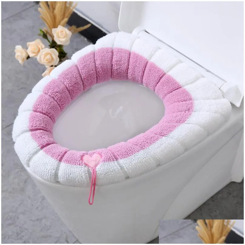 winter warm toilet seat cover washable bathroom pad cushion with handle thicker soft mat knitting warmer closestool mats 20220606 t2