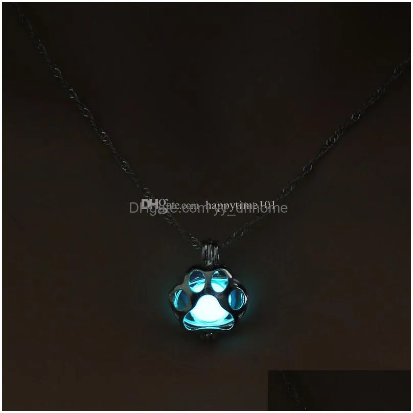 glow in the dark necklace silver pearl cage pendant necklaces for woman animal dog paw hollow pendant night luminous necklaces