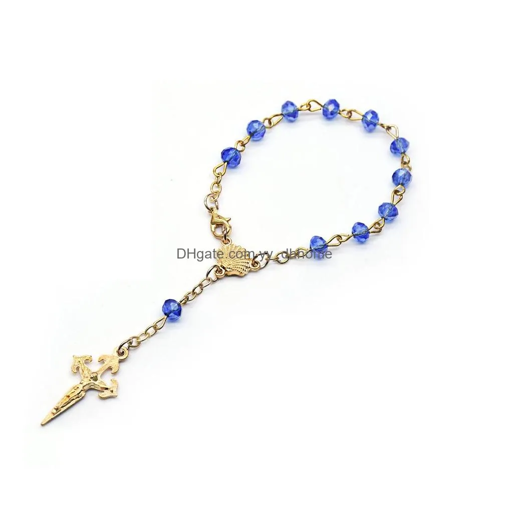 metal gold cross shell crystal beads rosary bracelet for men women religious jewelry